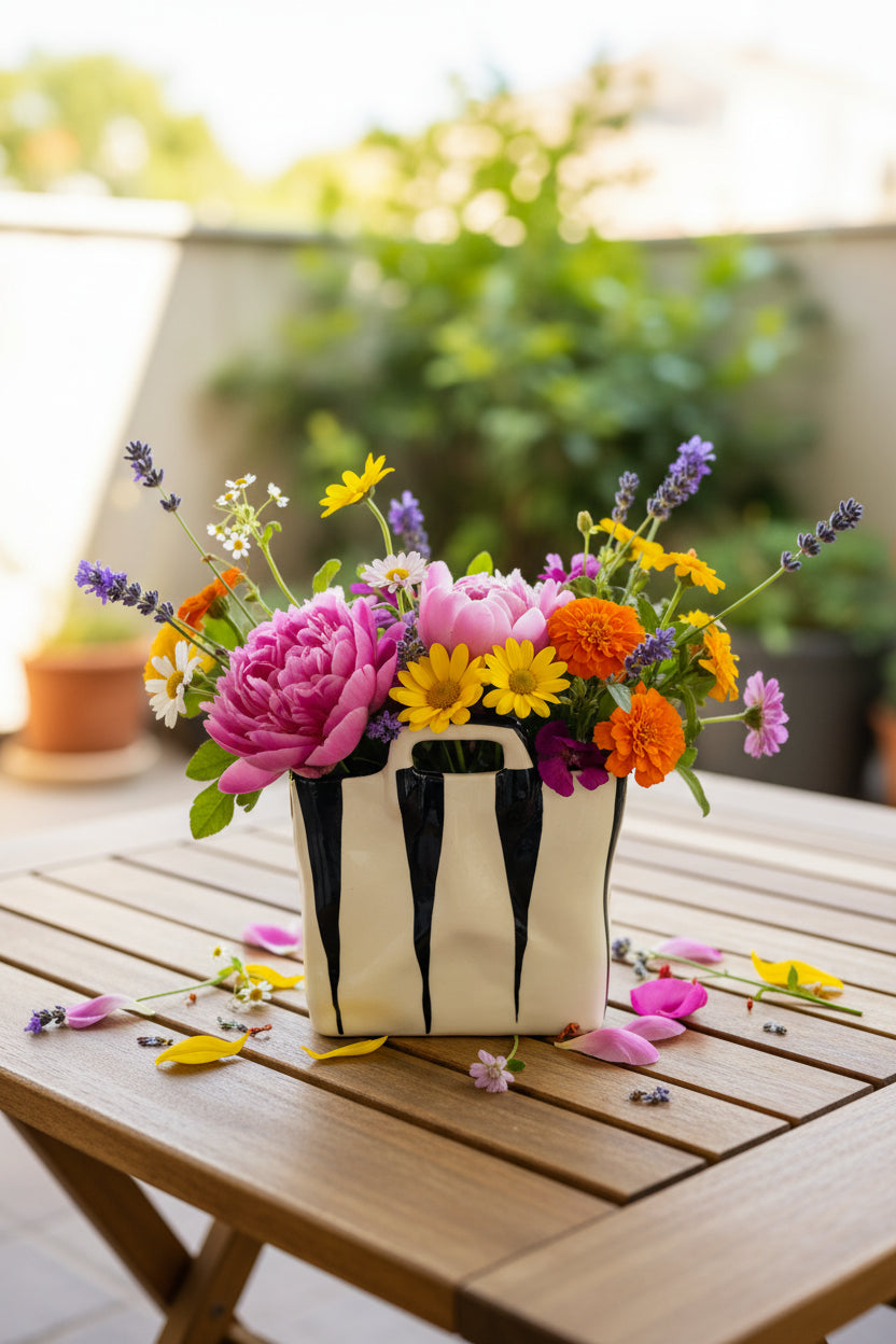 Vase in Taschenform "Schwarz & Weiß" (Länge: 13 cm Breite: 9 cm Höhe: 15 cm)