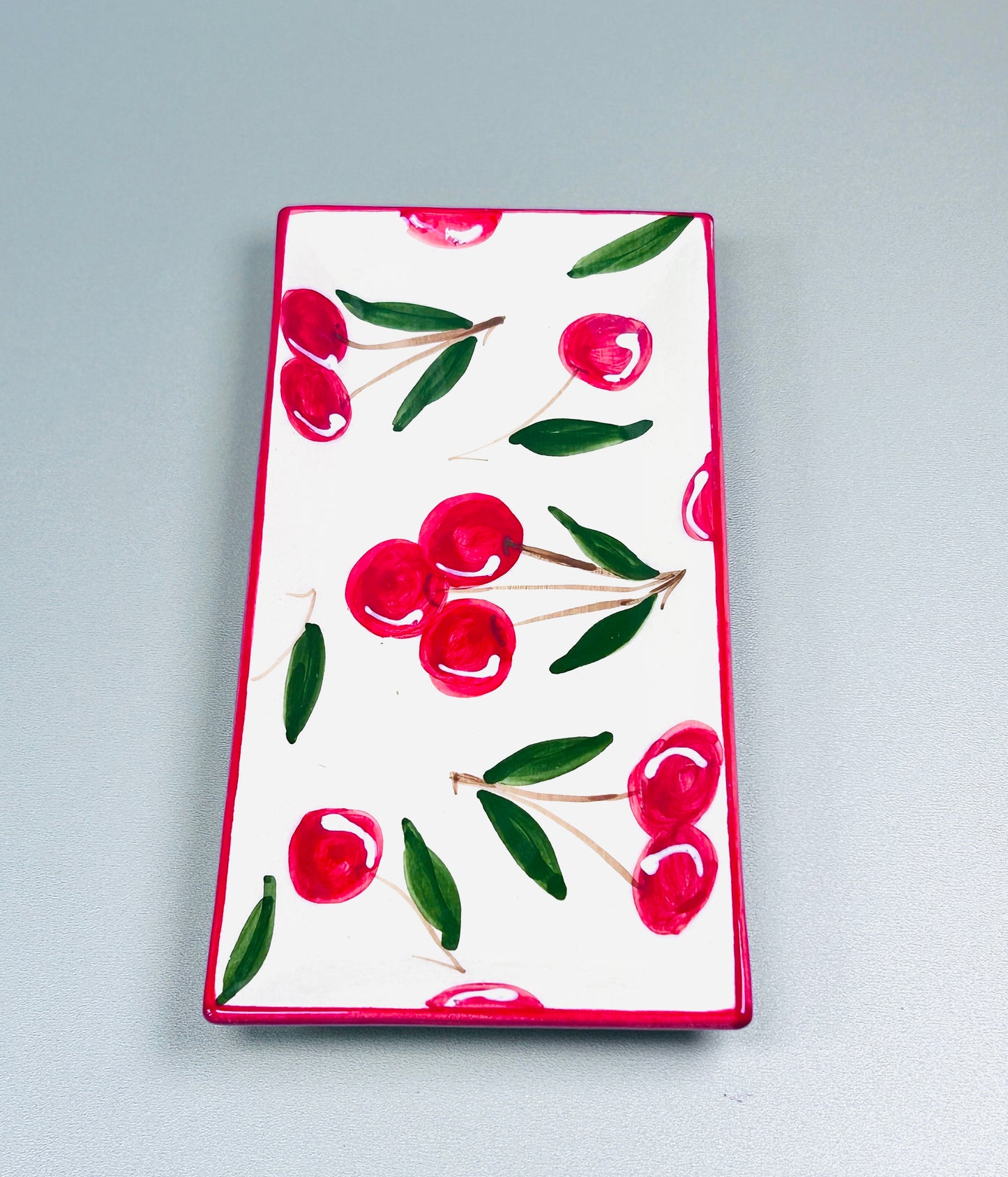 Servierplatte eckig/länglicher Teller "rote Kirschen" (24 x 12 cm)