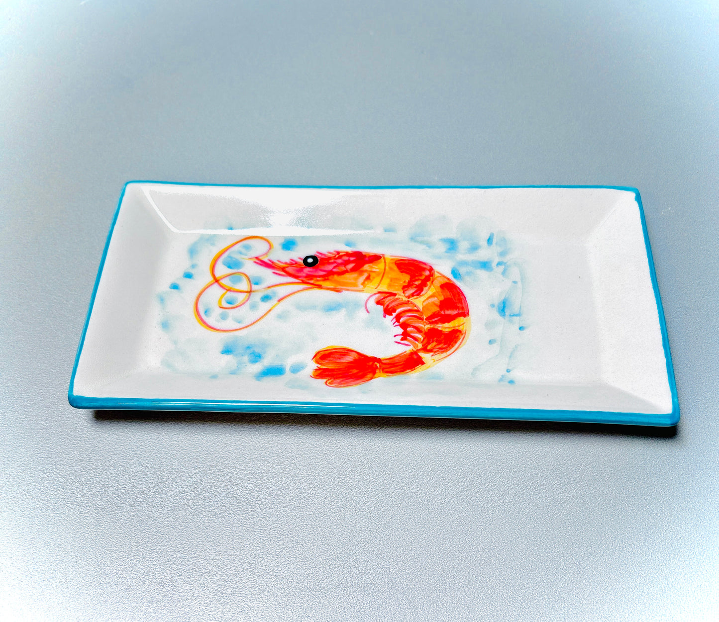 Servierplatte eckig/länglicher Teller "Carlos die kleine Garnele", türkis (24 x 12 cm)