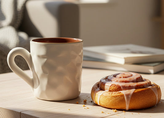 Handgefertigte Keramiktasse – Facettenstruktur mit Terrakottarand