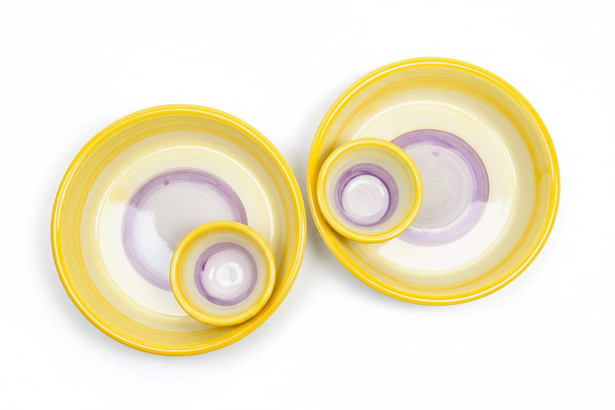 Schale mit integrierter Dip-Schale „Farbenmix“ gelb/lila (Ø 18 cm Höhe: 5 cm)