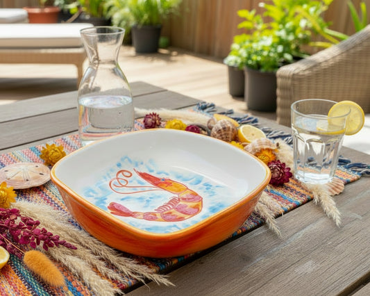 Teller tief/Schale runde Ecken "Carlos die kleine Garnele", außen orange (Länge 21 cm Breite: 21 cm Höhe: 7 cm)