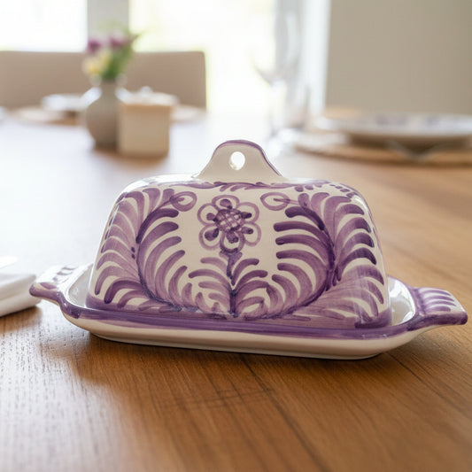 Butterdose " Blumen von Granada" lila/weiß (Länge: 19,5 cm Breite: 13,5 cm Höhe: 11 cm)