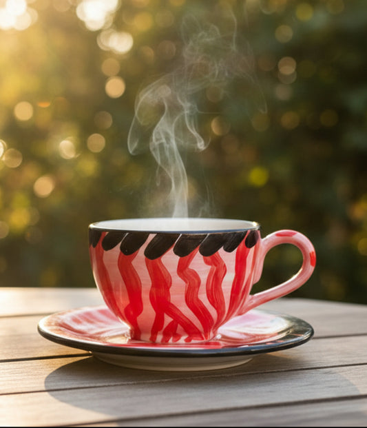 Tasse mit Untertasse "rotes Zebra" (Ø Untertasse: 19 cm Ø Tasse: 9 cm)