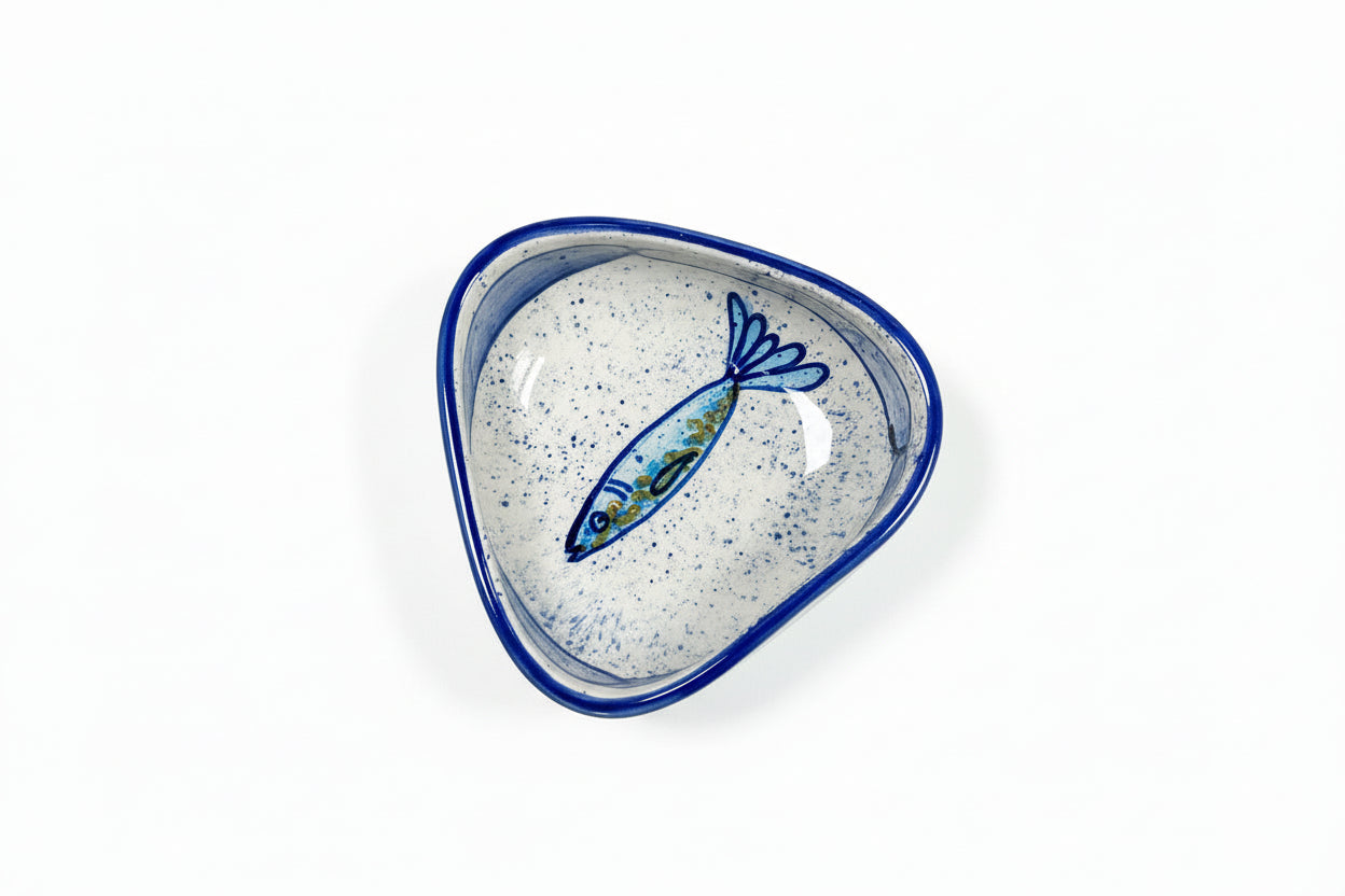 Dreieckige Schale / Dip-Schale "Sardinen", außen blau (Breite: 11 cm Höhe: 5 cm)