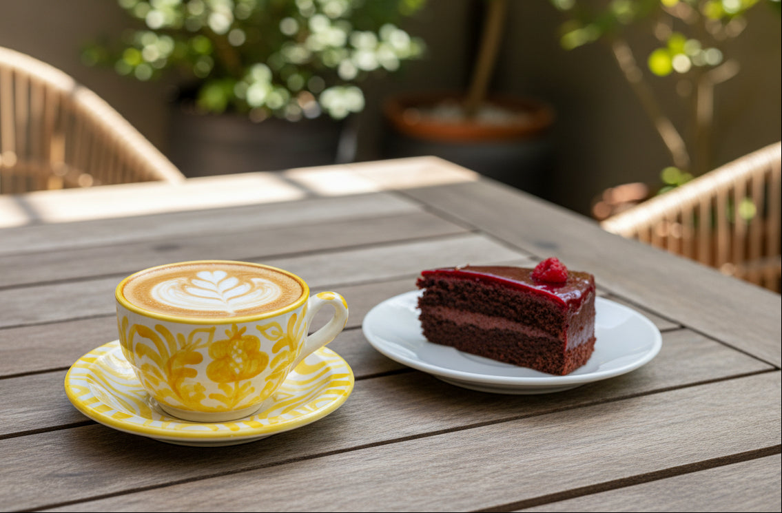 Kaffeetasse mit Untertasse "Blumen von Granada", gelb/weiß (Ø Tasse: 9 cm, Ø Untertasse: 13 cm Höhe: 6 cm)