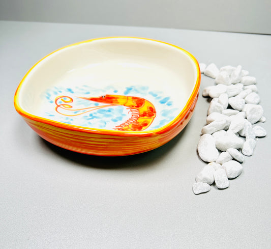 Teller tief/Schale runde Ecken "Carlos die kleine Garnele", außen orange (Länge 21 cm Breite: 21 cm Höhe: 7 cm)