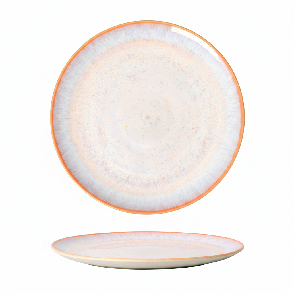 Terrafina Aurora Flachteller – Draufsicht und Seitenansicht mit rosa-lavendelfarbenem Aurora-Farbschimmer und lachsfarbenem Rand, Ø 28,5 cm, handgefertigt in Portugal