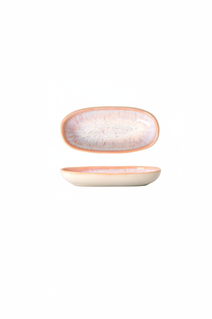 Terrafina Aurora Ovale Servierplatte Mini – Draufsicht und Seitenansicht mit rosa-lavendelfarbenem Aurora-Schimmer und lachsfarbenem Rand, 15,5 x 7 cm, handgefertigt in Portugal