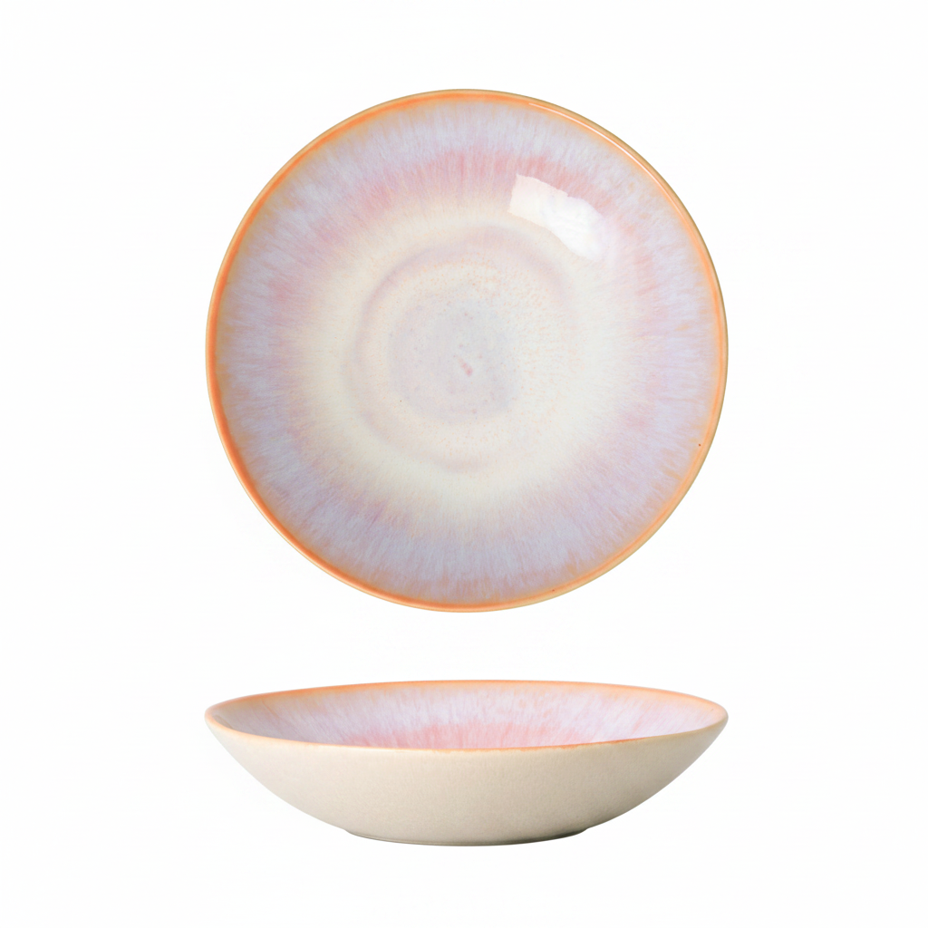 Terrafina Aurora Pasta-Teller – Draufsicht und Seitenansicht mit rosa-lavendelfarbenem Aurora-Farbschimmer und lachsfarbenem Rand, Ø 23 cm, handgefertigt in Portugal