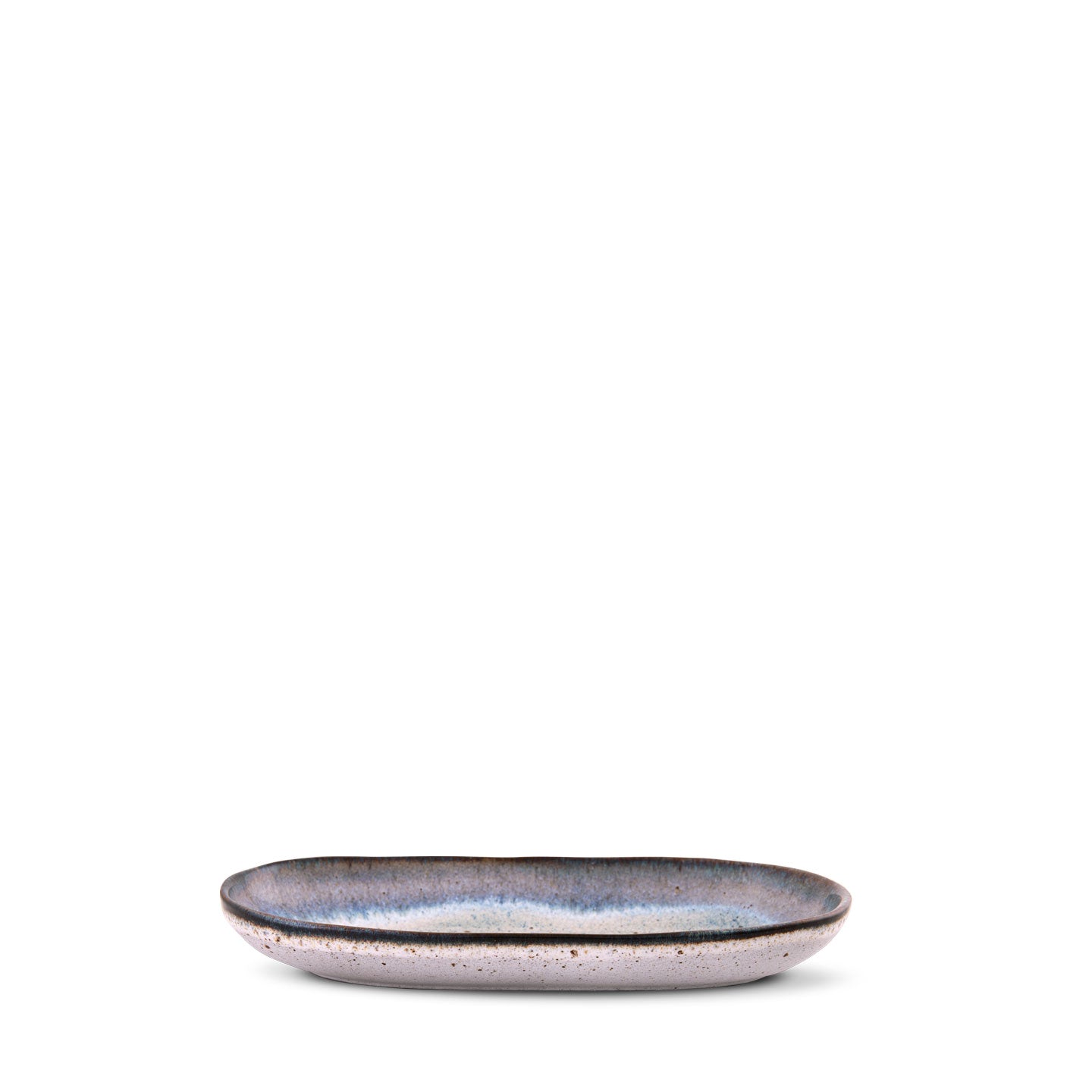 Terrafina Sail Ovale Servierplatte S – Seitenansicht mit reaktiver Blau-Grau-Glasur und braunem Rand, 23,5 x 12,5 cm, handgefertigt in Portugal