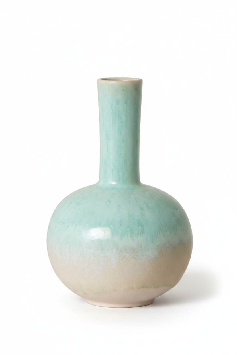 Terrafina Vase Serena – schlanke Keramikvase mit langem Hals und Farbverlauf von Türkis-Mintgrün zu Naturweiß, Ø 13,5 x 16 cm, handgefertigt in Portugal