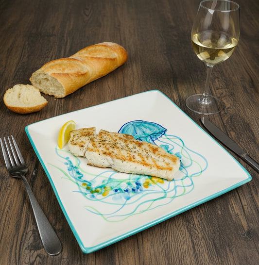 Teller quadradisch "Wilma die Quallenlady", Rand türkis (25 cm x 25 cm)