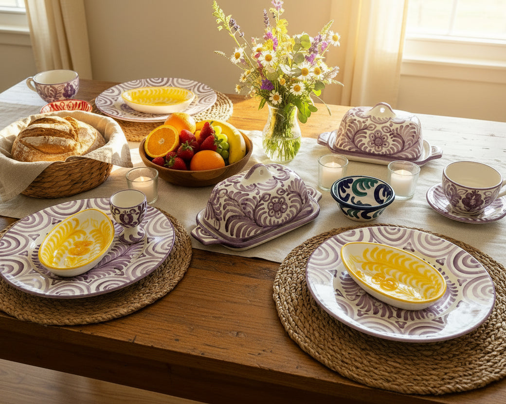 Butterdose " Blumen von Granada" lila/weiß (Länge: 19,5 cm Breite: 13,5 cm Höhe: 11 cm)