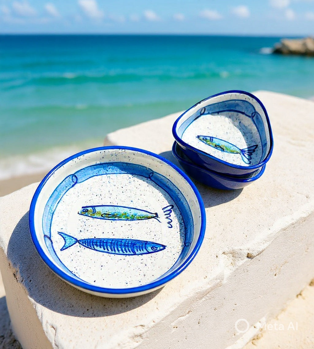 Dreieckige Schale / Dip-Schale "Sardinen", außen blau (Breite: 11 cm  Höhe: 5 cm)