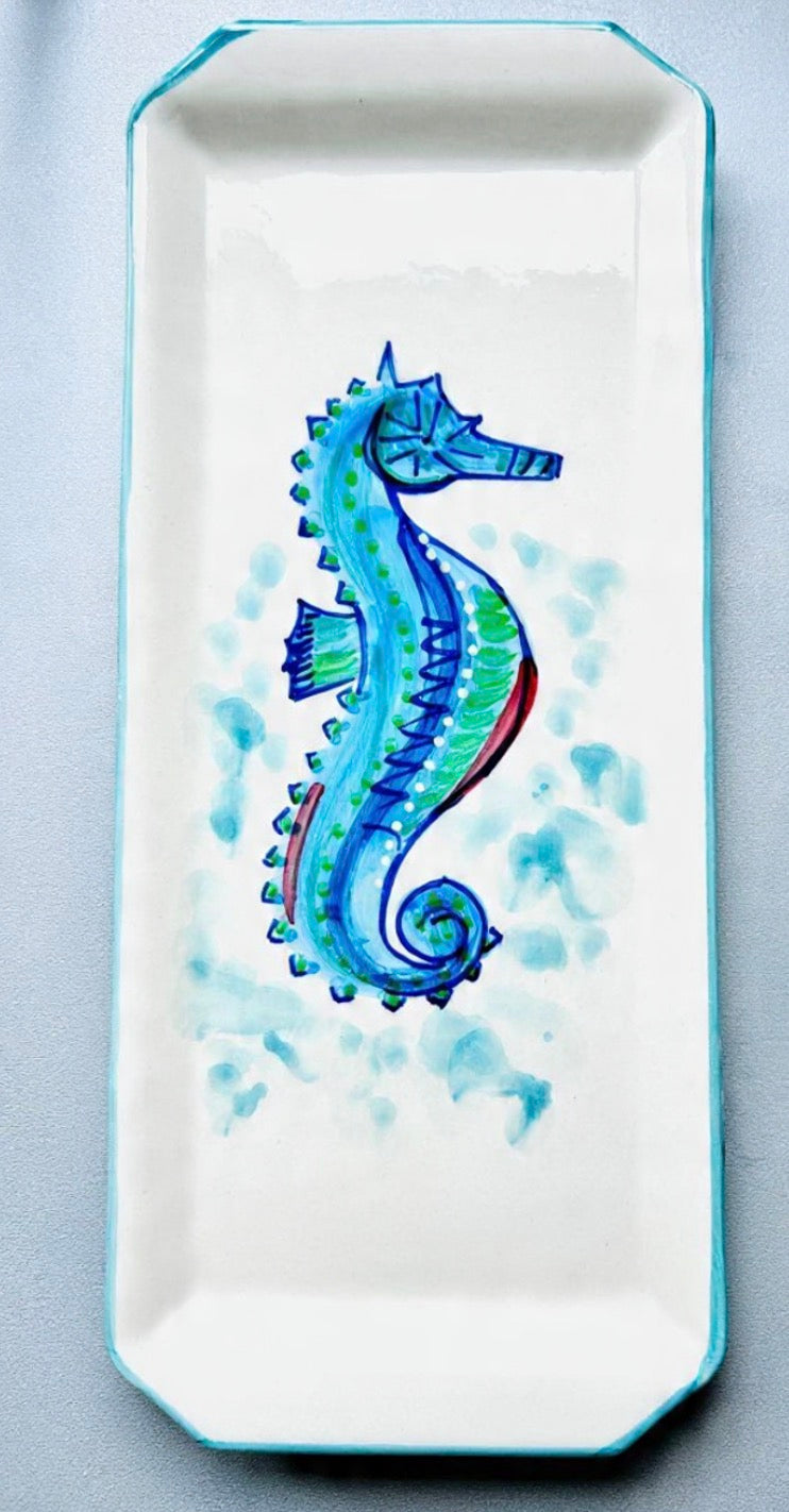 Servierplatte eckig / länglicher Teller "Seepferdchen Mike", Rand türkis (36 cm x 16cm)