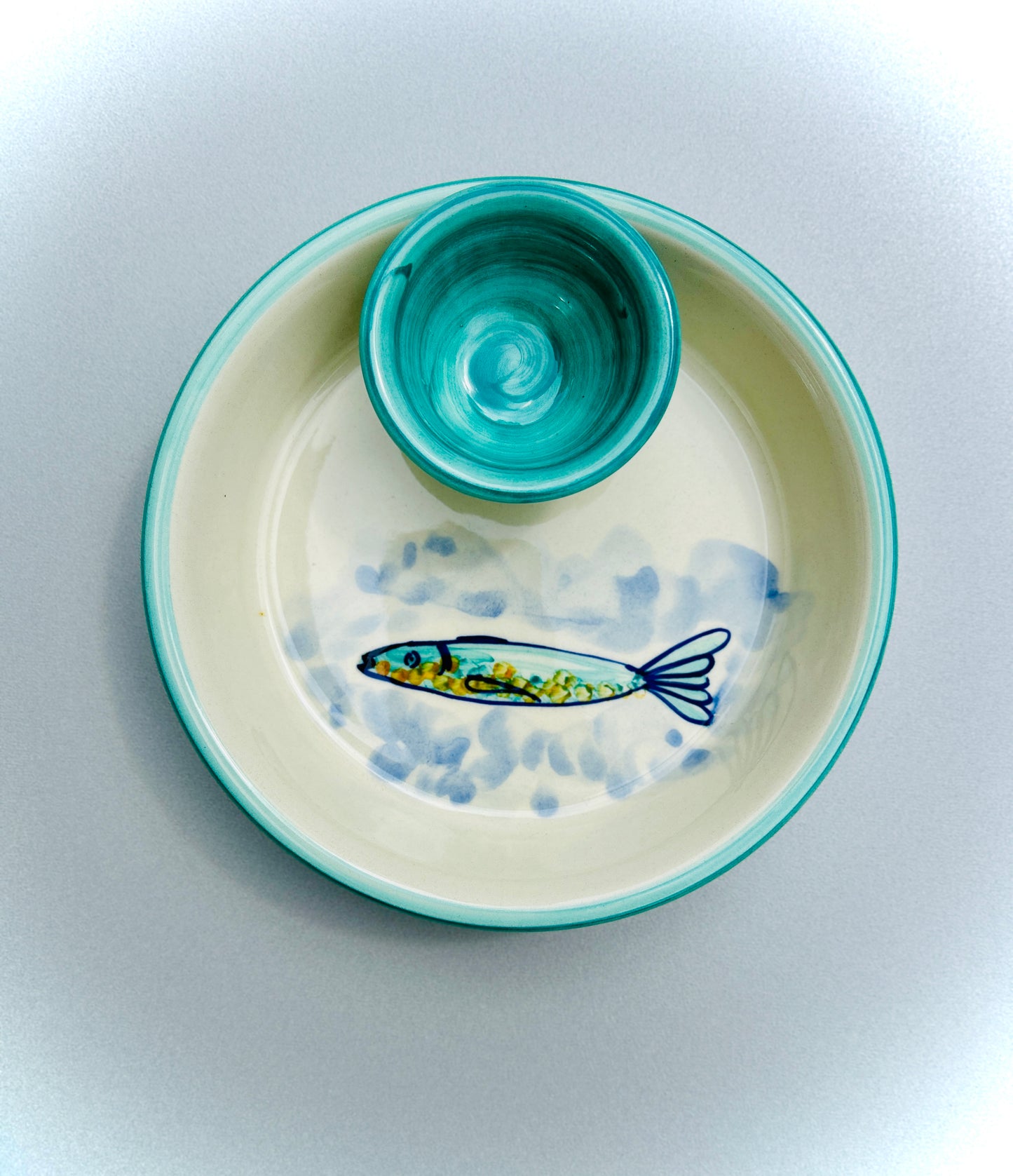 Schale inkl. integrierter Dip-Schale "Fischfreunde Nora und Fee", außen türkis (Ø18,5 cm)