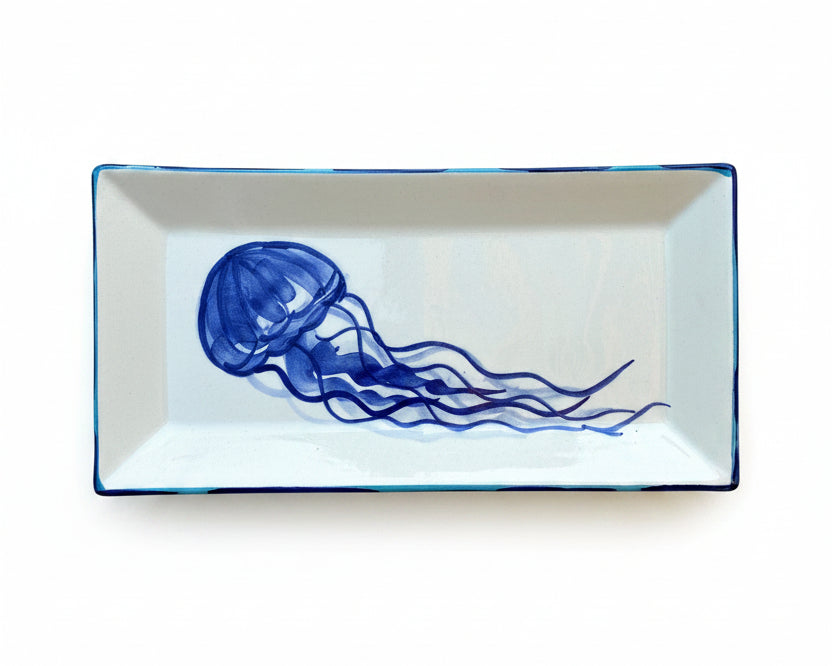 Servierplatte eckig/länglicher Teller "Wilma die Quallenlady,  blau (24 x 12 cm)
