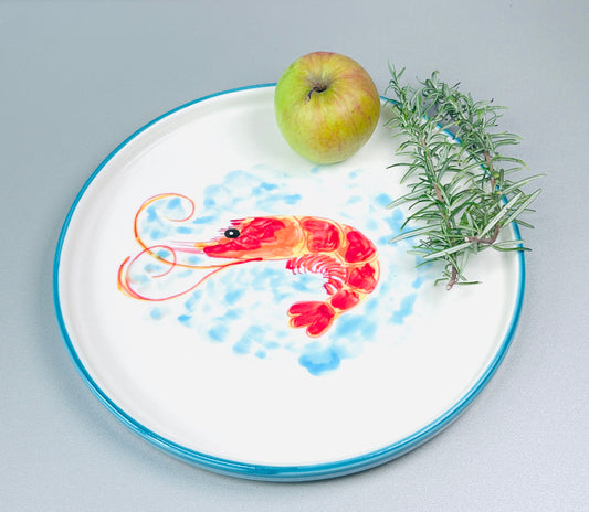 Flacher Teller mit Rand in türkis "Carlos die kleine Garnele" (Ø 26 cm)