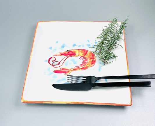 Teller quadratisch "Carlos die kleine Garnele" (25 cm x 25 cm)