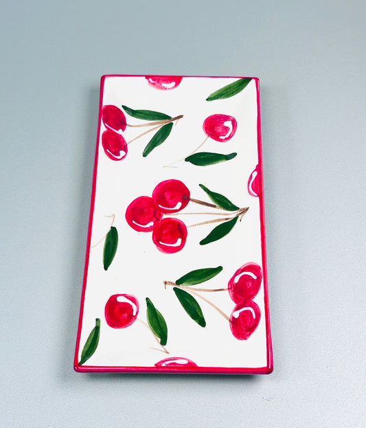 Servierplatte eckig/länglicher Teller "rote Kirschen" (24 x 12 cm)