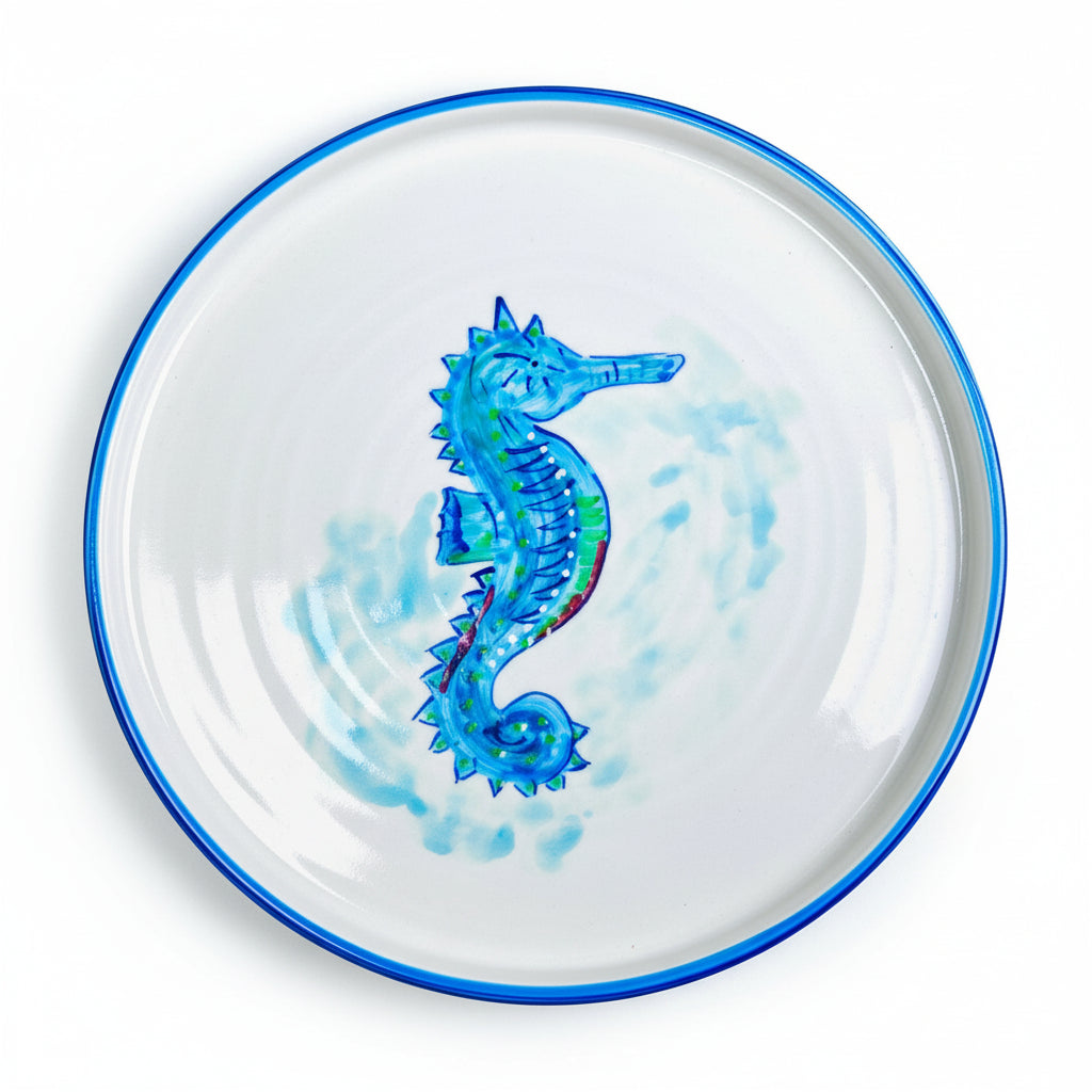 Flacher Teller mit Rand in blau "Mike das Seepferdchen" (Ø 26 cm)