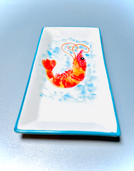 Servierplatte eckig/länglicher Teller "Carlos die kleine Garnele",  türkis (24 x 12 cm)