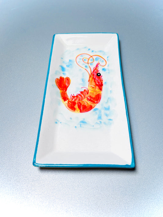 Servierplatte eckig/länglicher Teller "Carlos die kleine Garnele",  türkis (24 x 12 cm)