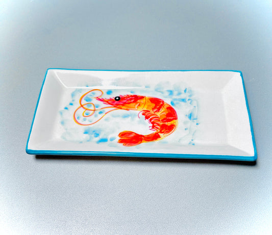 Servierplatte eckig/länglicher Teller "Carlos die kleine Garnele",  türkis (24 x 12 cm)