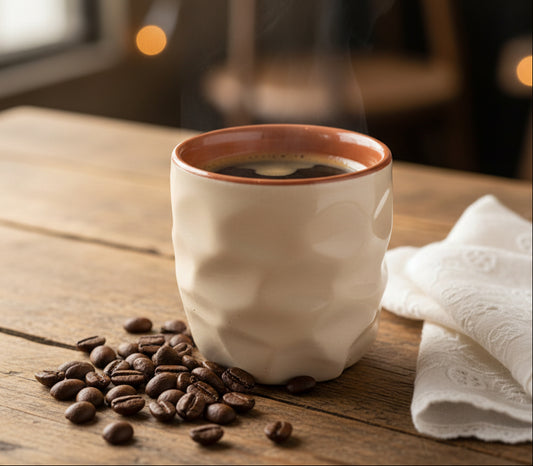 Handgefertigte Espressotasse – Facettenstruktur mit Terrakottarand