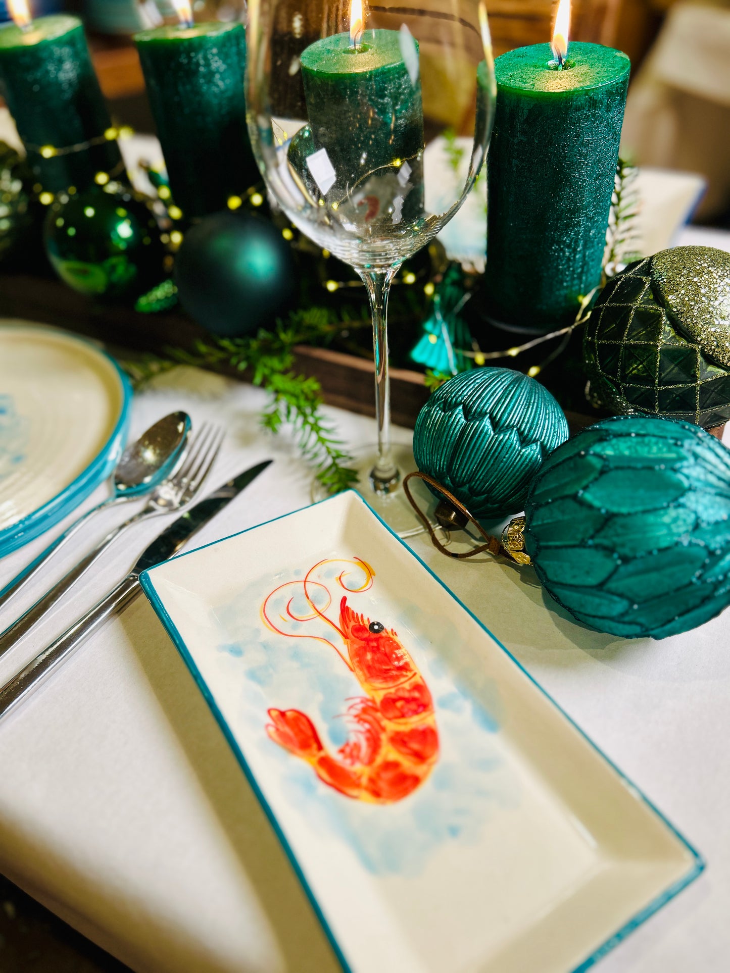 Servierplatte eckig/länglicher Teller "Carlos die kleine Garnele",  türkis (24 x 12 cm)