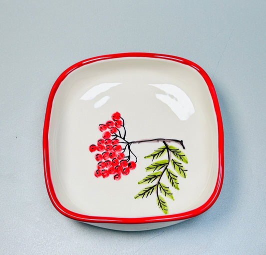 Tiefe quadratische Schale „Zweig der roten Beere“,  (23 x 23 x 5 cm)