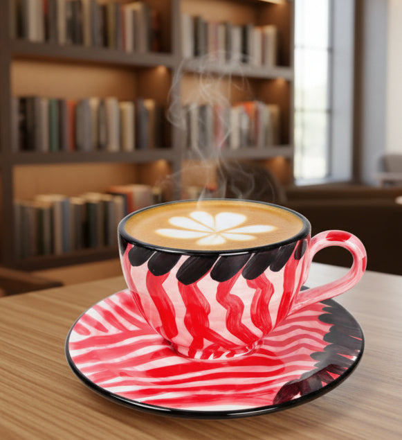 Tasse mit Untertasse "rotes Zebra" (Ø Untertasse: 19 cm  Ø Tasse: 9 cm)