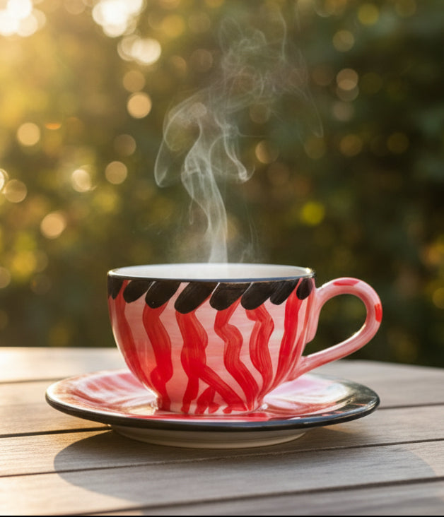 Tasse mit Untertasse "rotes Zebra" (Ø Untertasse: 19 cm  Ø Tasse: 9 cm)