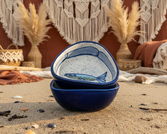 Dreieckige Schale / Dip-Schale "Sardinen", außen blau (Breite: 11 cm  Höhe: 5 cm)