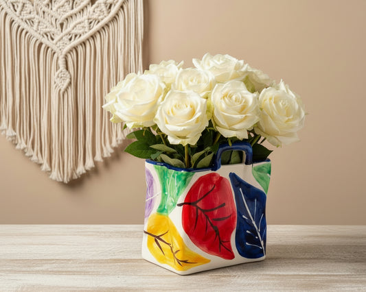 Vase in Taschenform / Serviettenhalter "Blätter Spaniens" (Länge: 13 cm Breite: 9 cm Höhe: 15 cm)
