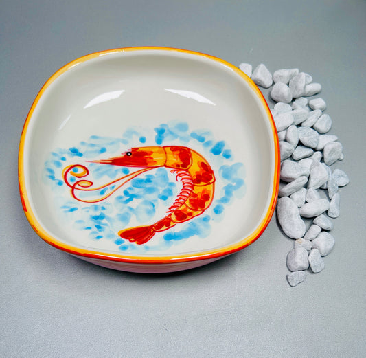 Teller tief/Schale runde Ecken  "Carlos die kleine Garnele", außen orange (Länge 21 cm Breite: 21 cm Höhe: 7 cm)
