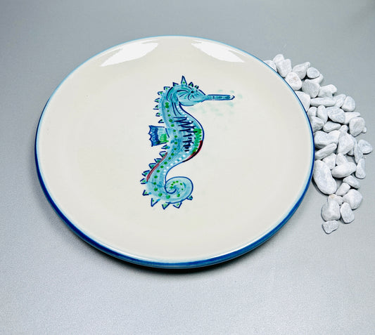 Teller flach und groß "Seepferdchen Mike", Rand blau (Ø 31 cm)