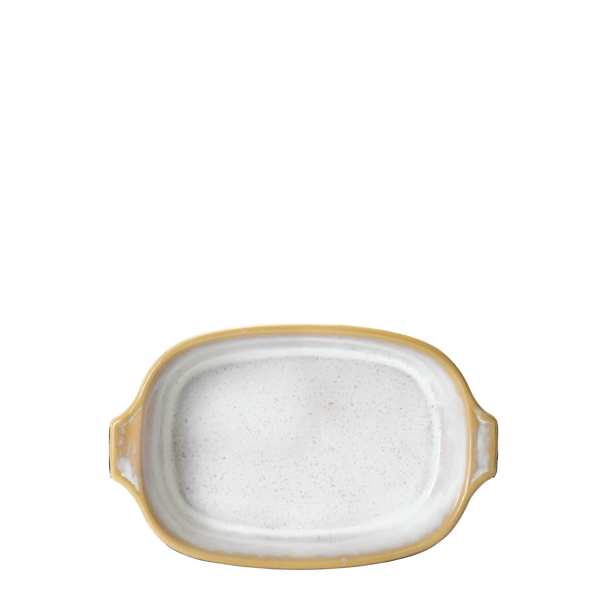 Terrafina Amazonia Auflaufform Medium in Weiß – Draufsicht mit reaktiver Glasur, ockerfarbenem Rand und seitlichen Griffen, 2.500 ml, handgefertigt in Portugal