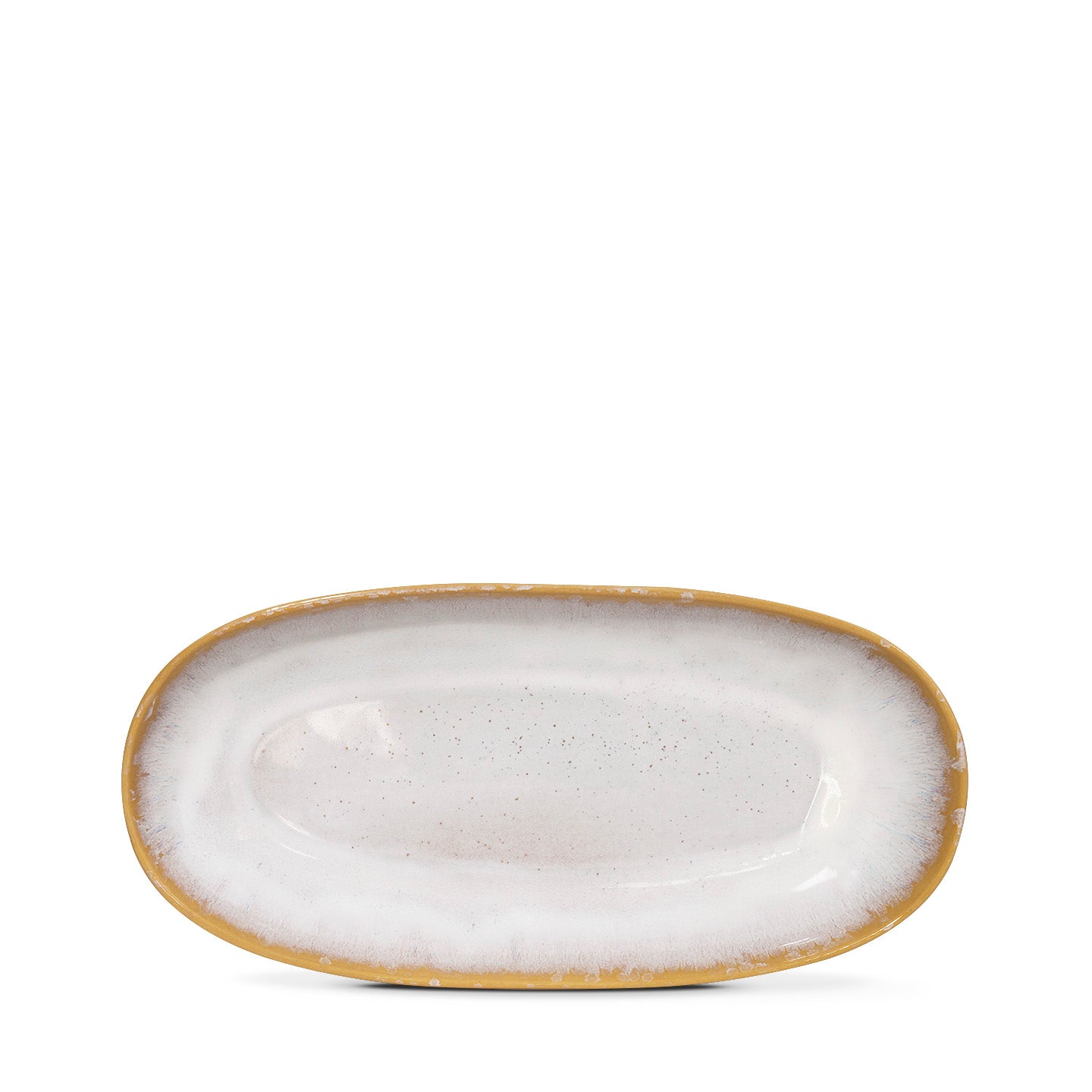 Terrafina Amazonia Ovale Servierplatte Medium in Weiß – Draufsicht mit reaktiver Glasur und warmem ockerfarbenem Rand, 34 x 16 cm, handgefertigt in Portugal