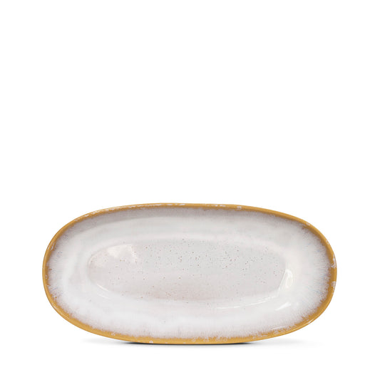Terrafina Amazonia Ovale Servierplatte Medium in Weiß – Draufsicht mit reaktiver Glasur und warmem ockerfarbenem Rand, 34 x 16 cm, handgefertigt in Portugal
