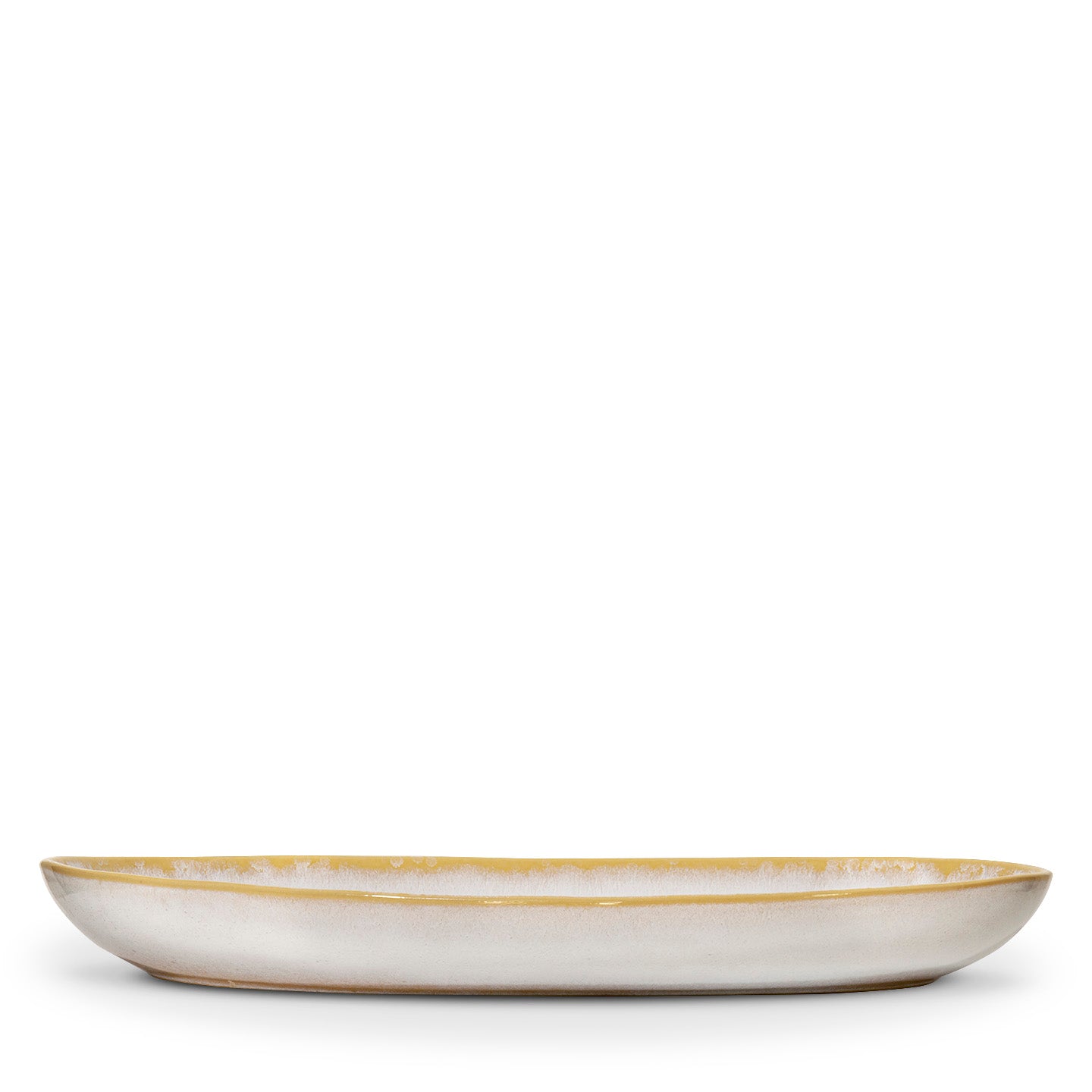 Terrafina Amazonia Tiefe Ovale Servierplatte Large in Weiß – Seitenansicht mit tiefer Form und ockerfarbenem Rand, 32,5 x 20 cm, handgefertigt in Portugal