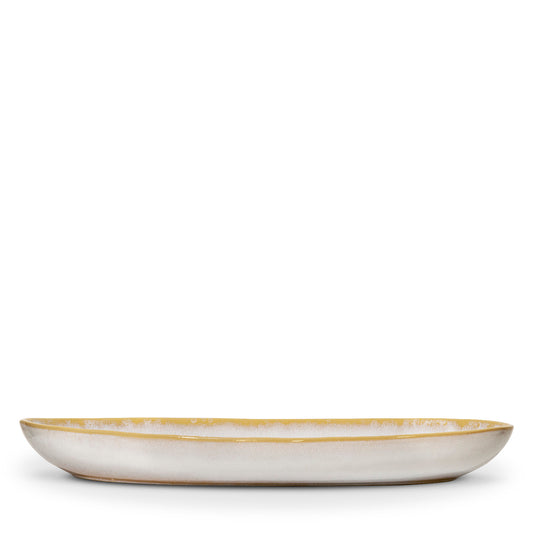 Terrafina Amazonia Tiefe Ovale Servierplatte Large in Weiß – Seitenansicht mit tiefer Form und ockerfarbenem Rand, 32,5 x 20 cm, handgefertigt in Portugal
