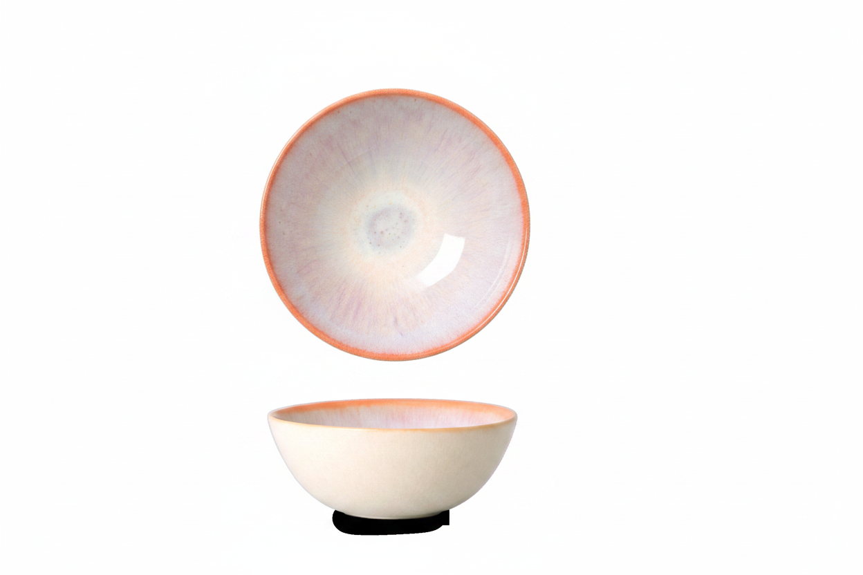 Terrafina Aurora Müslischüssel – Draufsicht und Seitenansicht mit rosa-lavendelfarbenem Aurora-Farbschimmer und lachsfarbenem Rand, Ø 15 cm, 440 ml, handgefertigt in Portugal