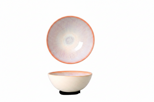 Terrafina Aurora Müslischüssel – Draufsicht und Seitenansicht mit rosa-lavendelfarbenem Aurora-Farbschimmer und lachsfarbenem Rand, Ø 15 cm, 440 ml, handgefertigt in Portugal