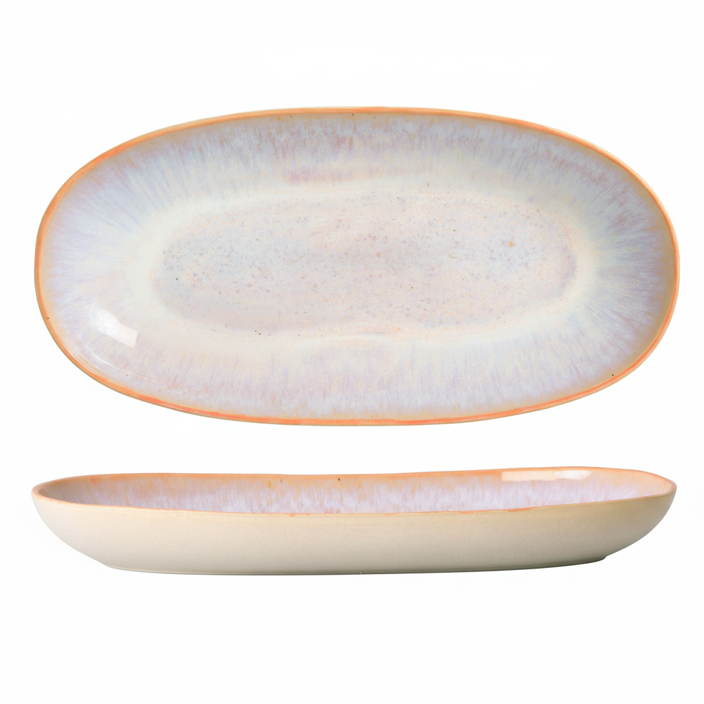 Terrafina Aurora Ovale Servierplatte Large – Draufsicht und Seitenansicht mit rosa-lavendelfarbenem Aurora-Schimmer und lachsfarbenem Rand, 42 x 21 cm, handgefertigt in Portugal
