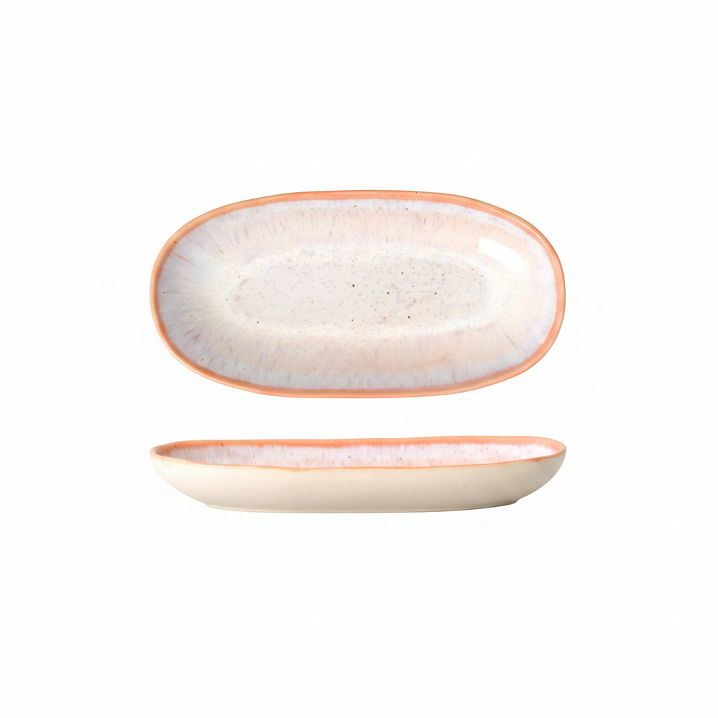 Terrafina Aurora Ovale Servierplatte Small – Draufsicht und Seitenansicht mit rosa-lavendelfarbenem Aurora-Schimmer und lachsfarbenem Rand, 23,5 x 12,5 cm, handgefertigt in Portugal