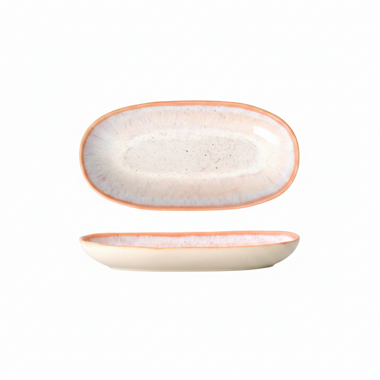 Terrafina Aurora Ovale Servierplatte Small – Draufsicht und Seitenansicht mit rosa-lavendelfarbenem Aurora-Schimmer und lachsfarbenem Rand, 23,5 x 12,5 cm, handgefertigt in Portugal