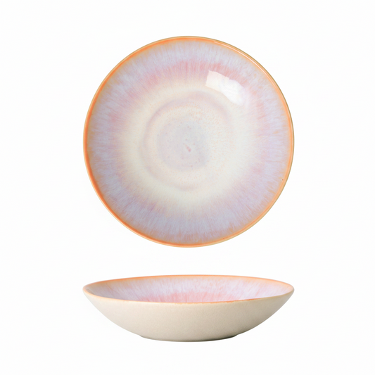 Terrafina Aurora Pasta-Teller – Draufsicht und Seitenansicht mit rosa-lavendelfarbenem Aurora-Farbschimmer und lachsfarbenem Rand, Ø 23 cm, handgefertigt in Portugal