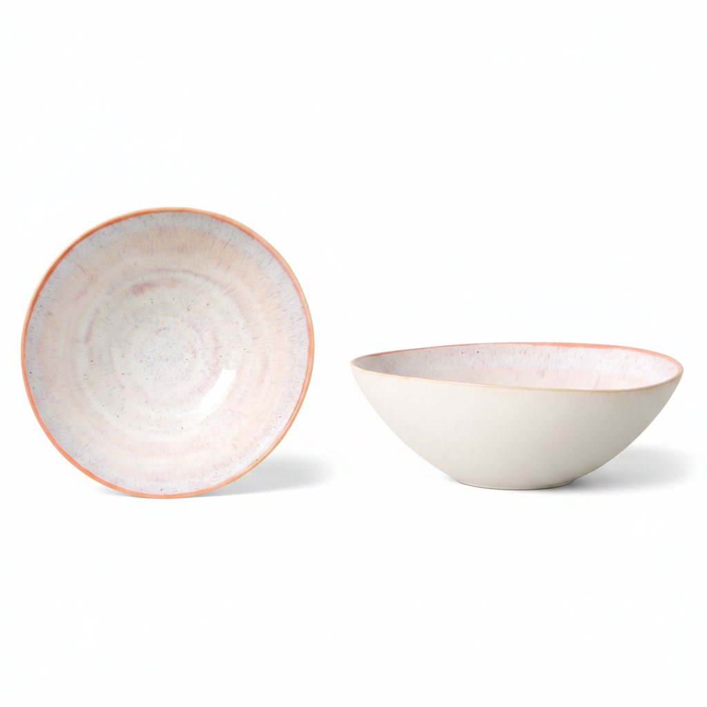 Terrafina Aurora Salatschüssel – Draufsicht und Seitenansicht mit rosa-lavendelfarbenem Aurora-Farbschimmer und lachsfarbenem Rand, Ø 26,5 cm, 1.600 ml, handgefertigt in Portugal